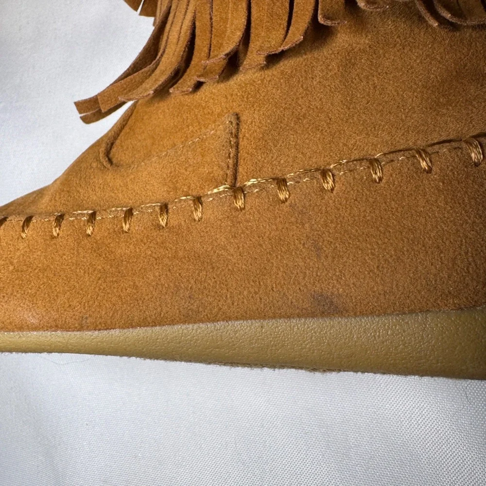 Link‎ Tan Suede Fringed Moccasin Boots Side Zip Boho Chick Little Girls Size 7